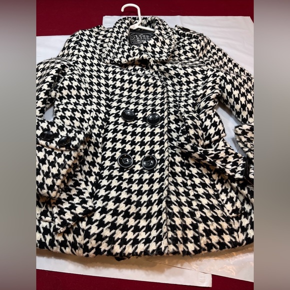 Last Kiss BIG Black Houndstooth Belted Acrylic Peacoat Pockets high Collar Lined - Picture 13 of 15